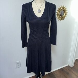 Eliza J Ribbed Knit Sweater Dress Women Small Navy Blue V Neck Fit Flare